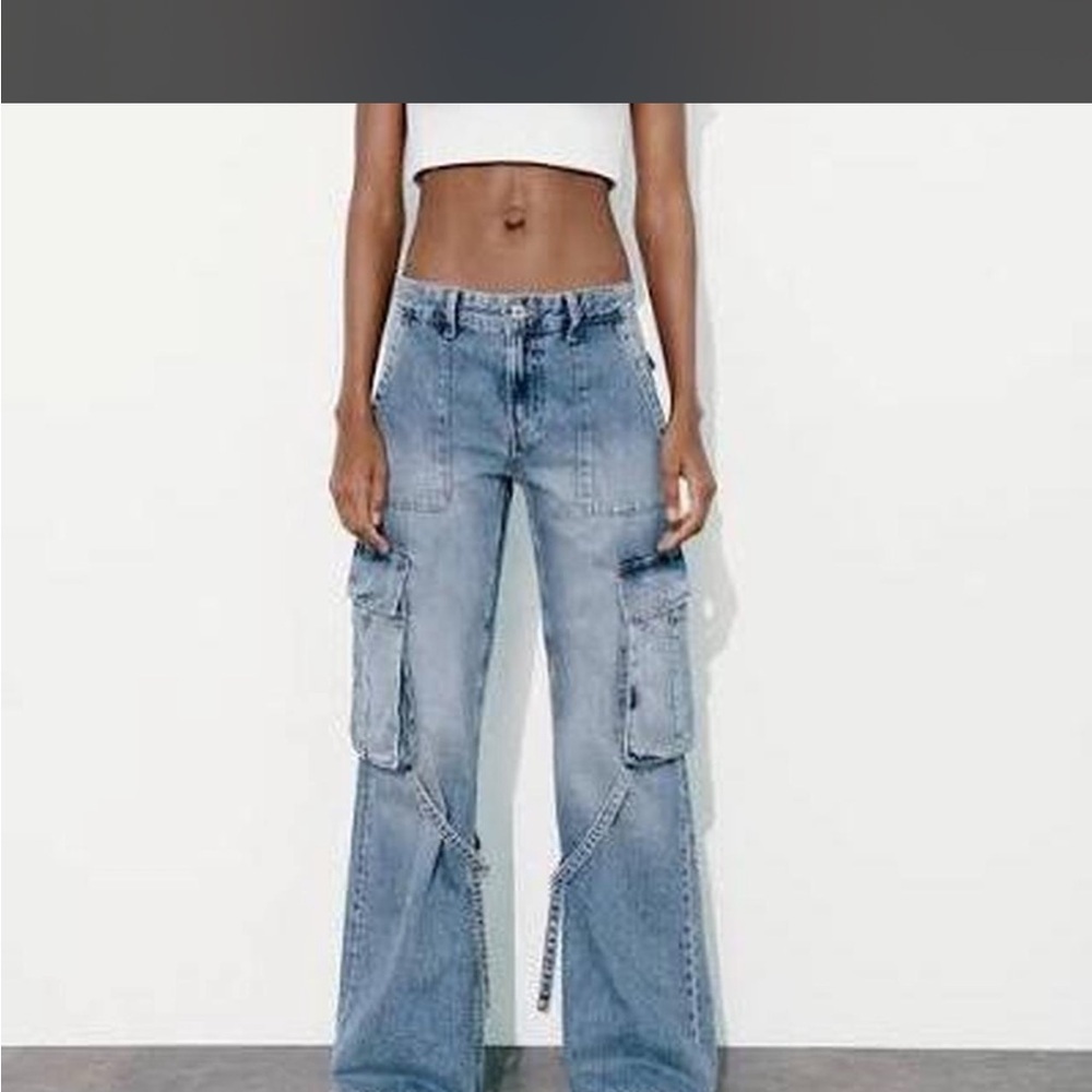 Zara Light Blue Cargo Wide-Leg Y2K Jeans